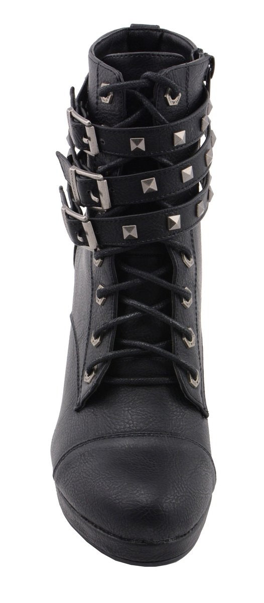 MBL9417 Women's Black Lace-Up Fashion Boots with Triple Strap Studded Accents