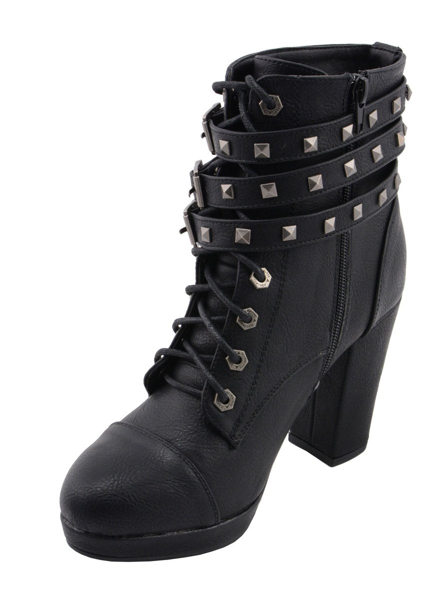 MBL9417 Women's Black Lace-Up Fashion Boots with Triple Strap Studded Accents