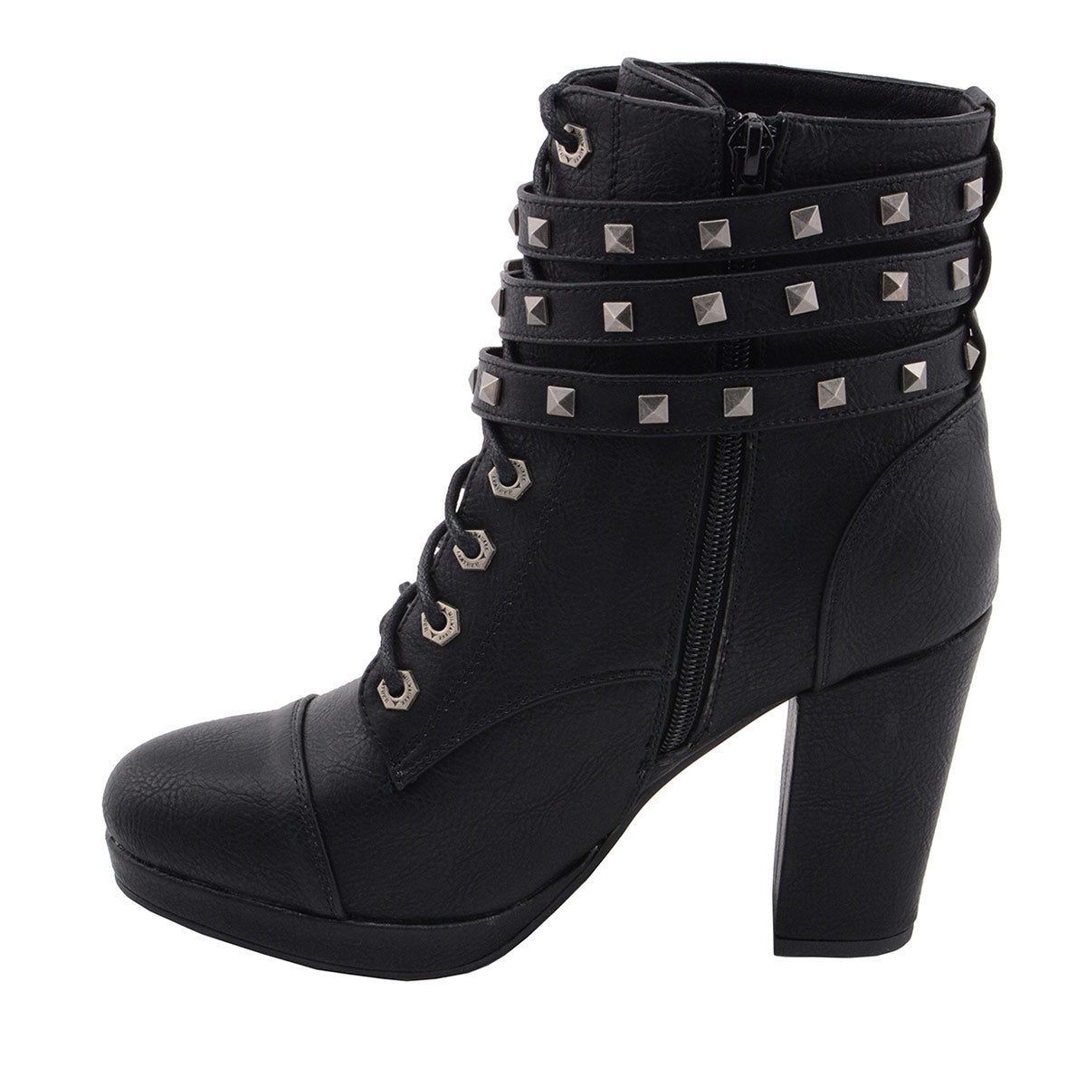 MBL9417 Women's Black Lace-Up Fashion Boots with Triple Strap Studded Accents