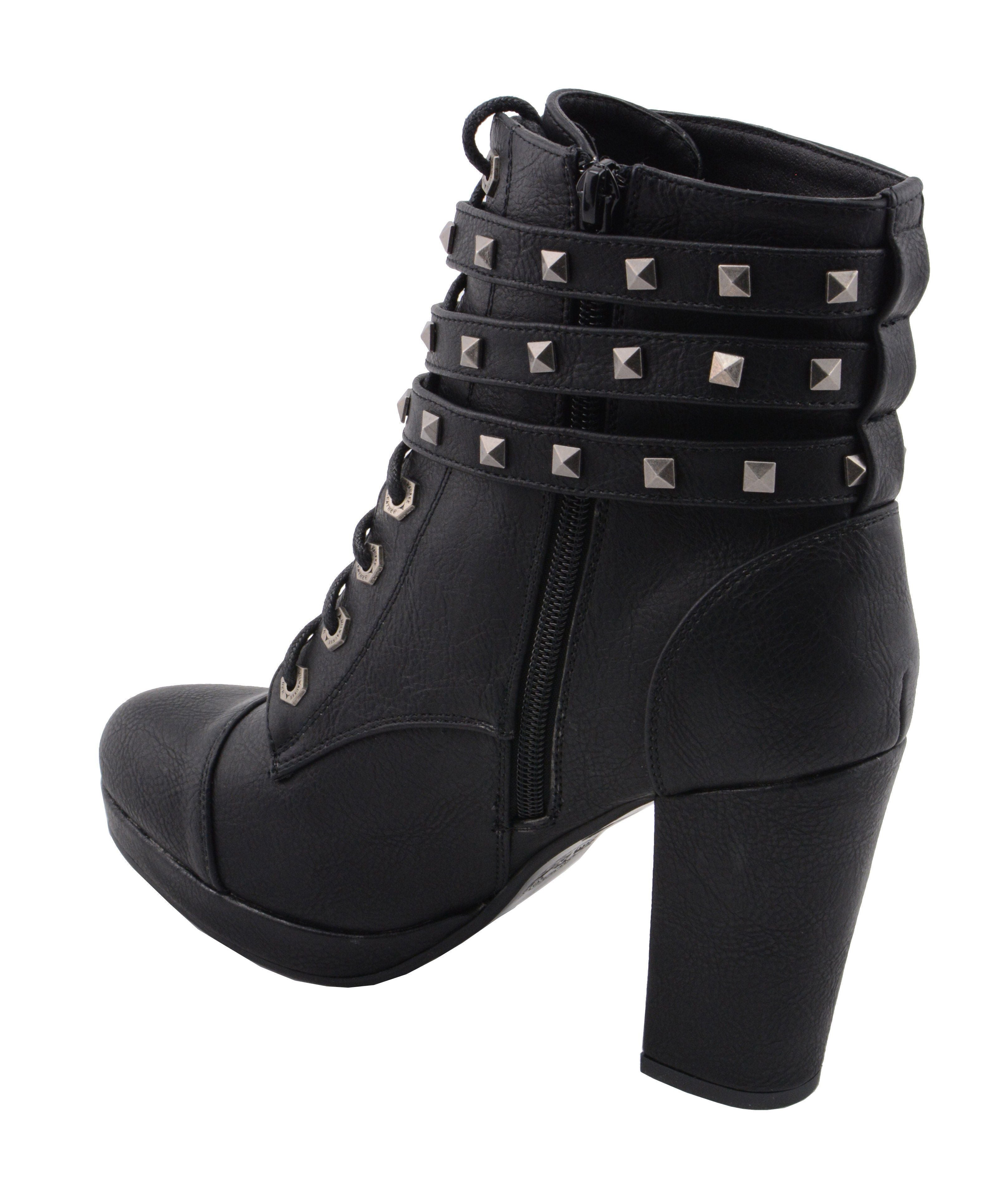 MBL9417 Women's Black Lace-Up Fashion Boots with Triple Strap Studded Accents