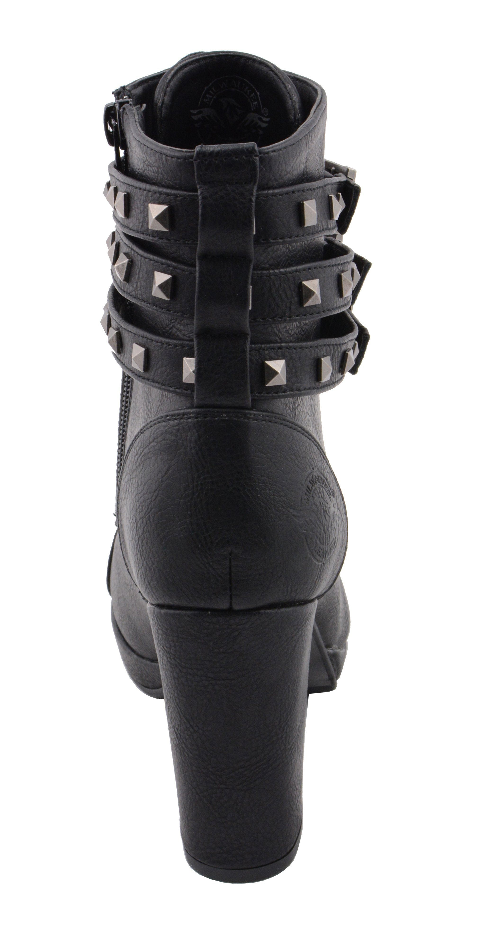MBL9417 Women's Black Lace-Up Fashion Boots with Triple Strap Studded Accents
