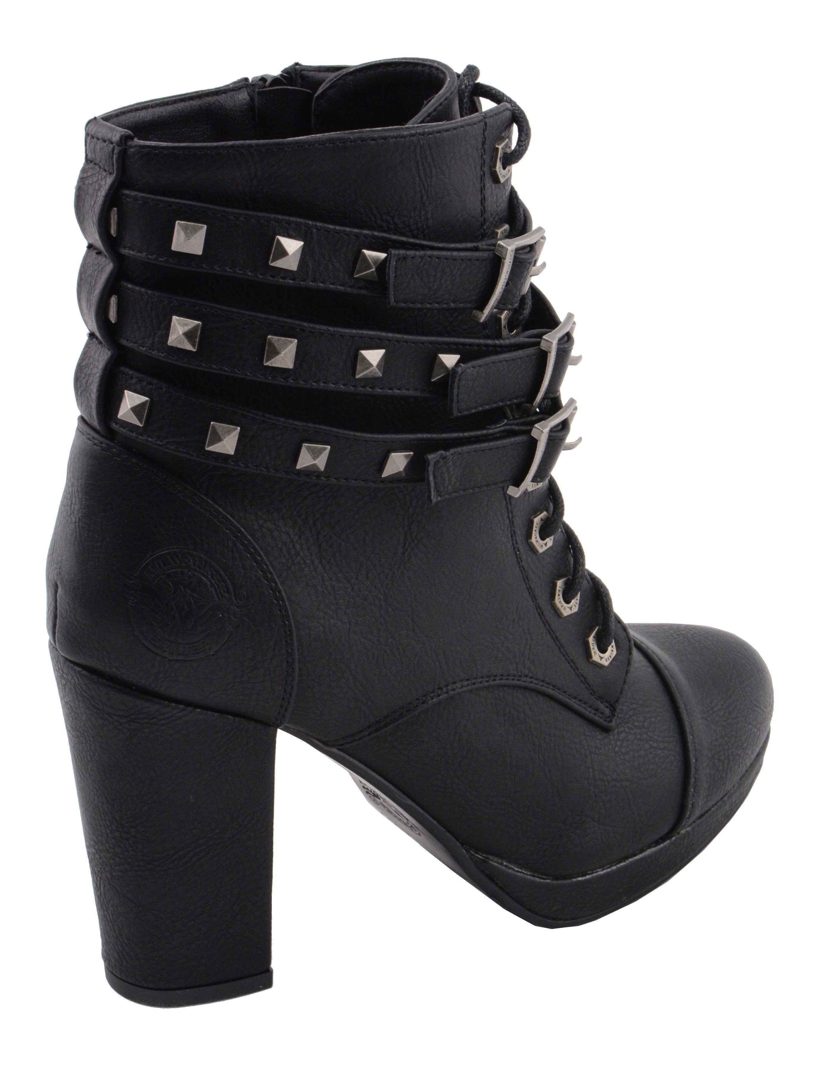 MBL9417 Women's Black Lace-Up Fashion Boots with Triple Strap Studded Accents