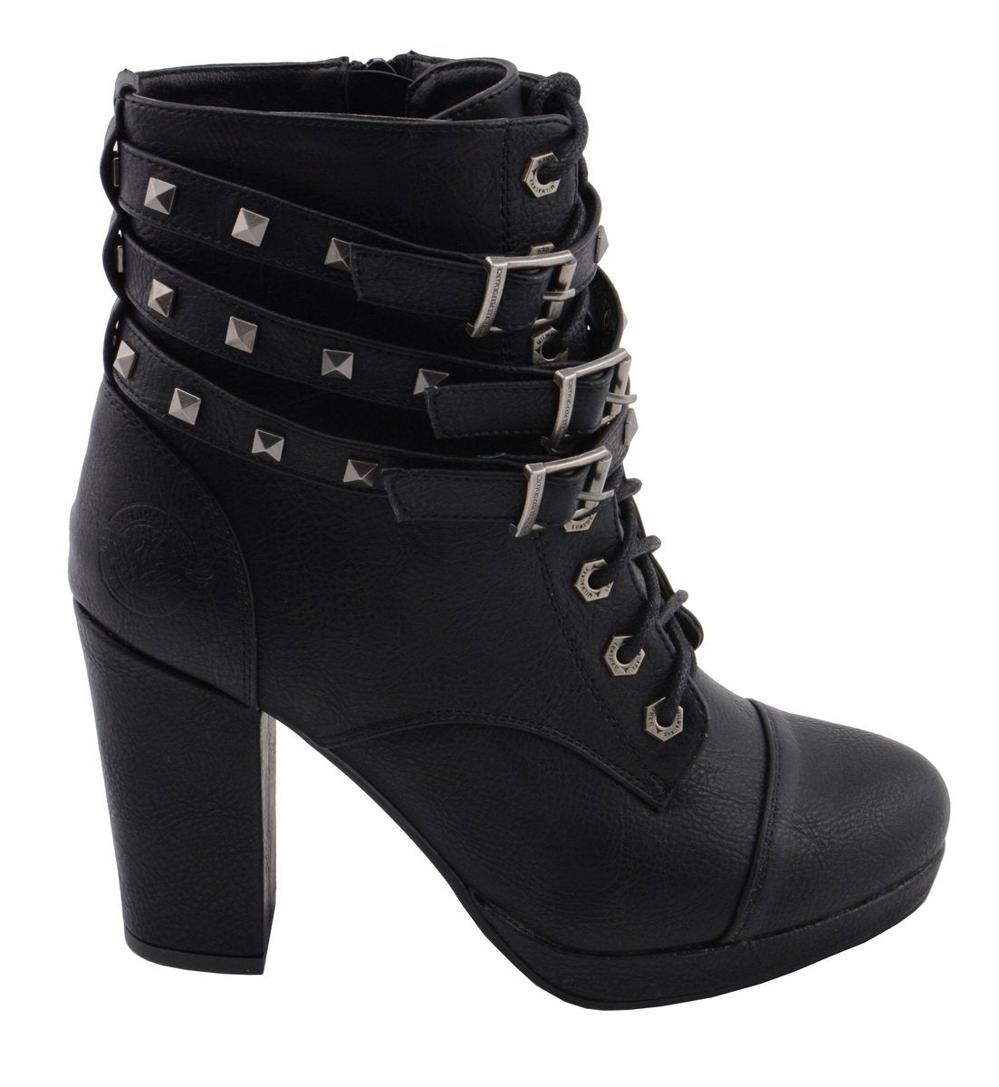 MBL9417 Women's Black Lace-Up Fashion Boots with Triple Strap Studded Accents