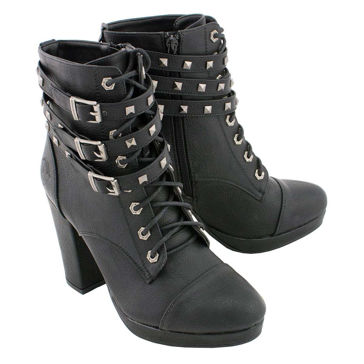 MBL9417 Women's Black Lace-Up Fashion Boots with Triple Strap Studded Accents