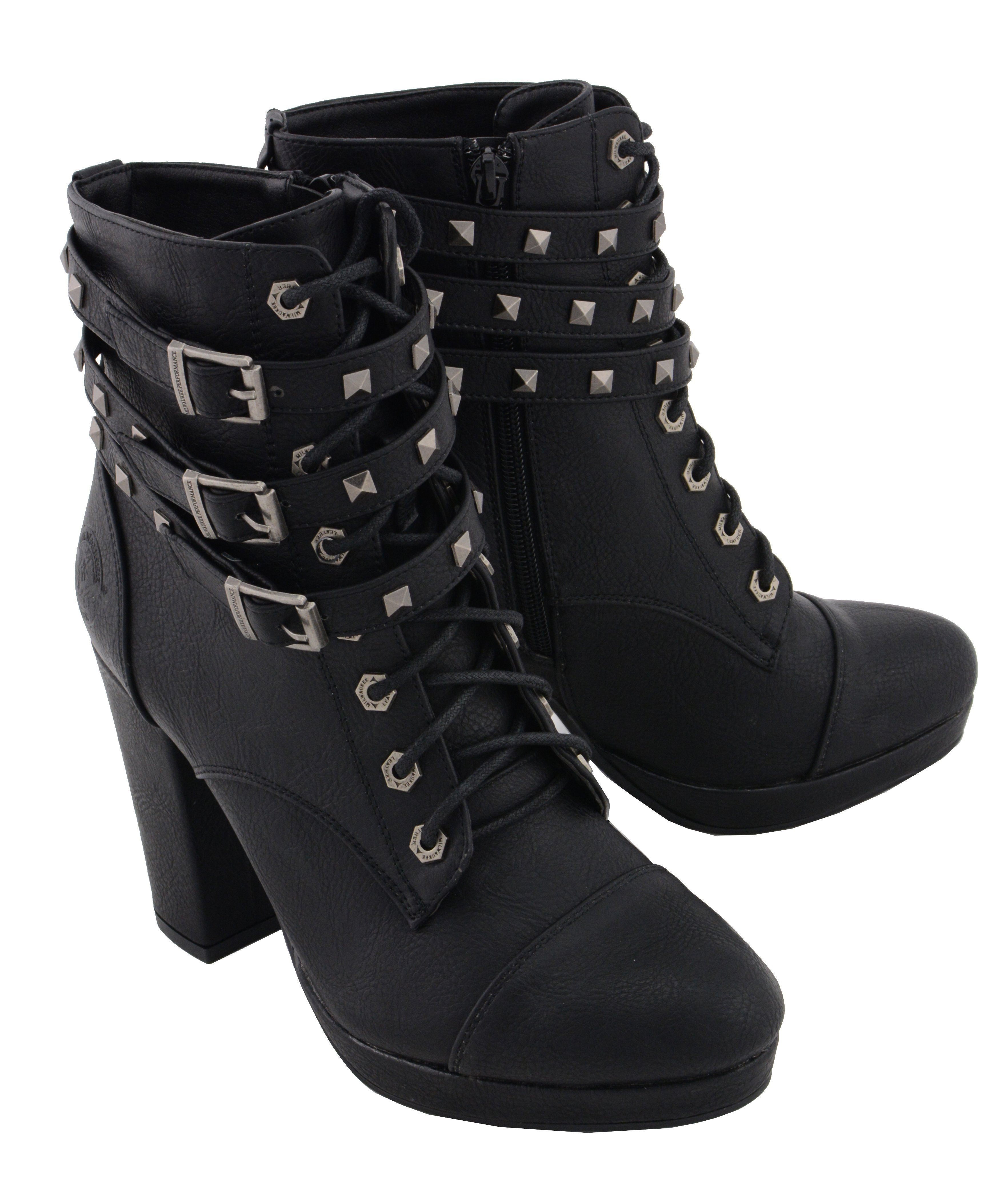 MBL9417 Women's Black Lace-Up Fashion Boots with Triple Strap Studded Accents