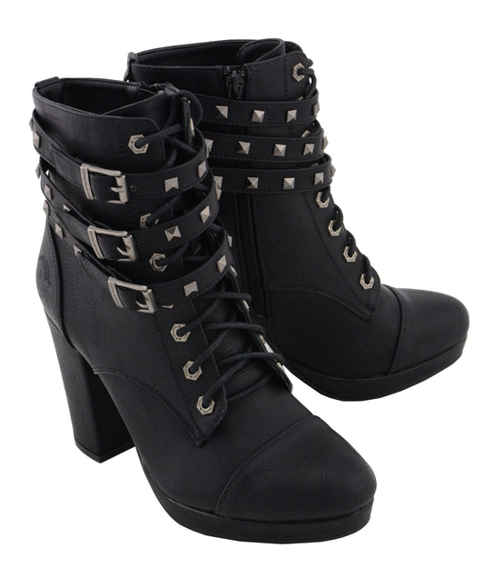 MBL9417 Women's Black Lace-Up Fashion Boots with Triple Strap Studded Accents