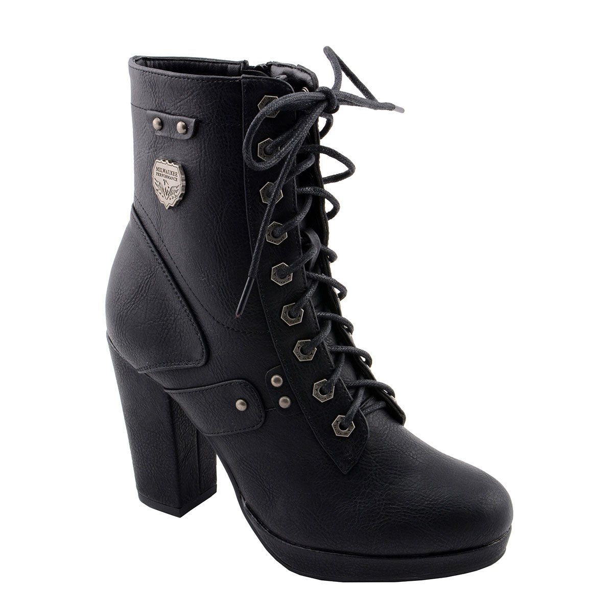 MBL9418 Women's Black Lace-Up Fashion Boots with Studded Accents and Platform Heel