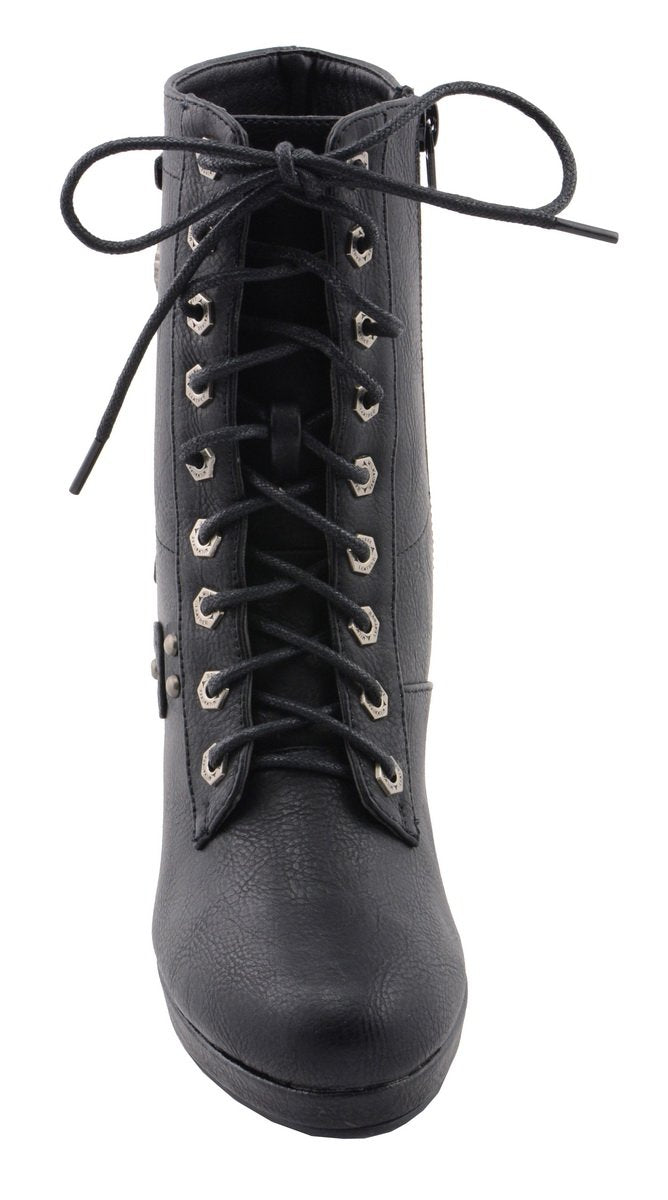 MBL9418 Women's Black Lace-Up Fashion Boots with Studded Accents and Platform Heel