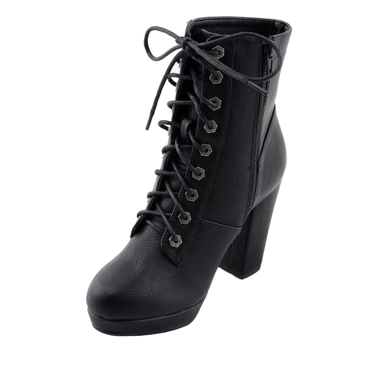 MBL9418 Women's Black Lace-Up Fashion Boots with Studded Accents and Platform Heel