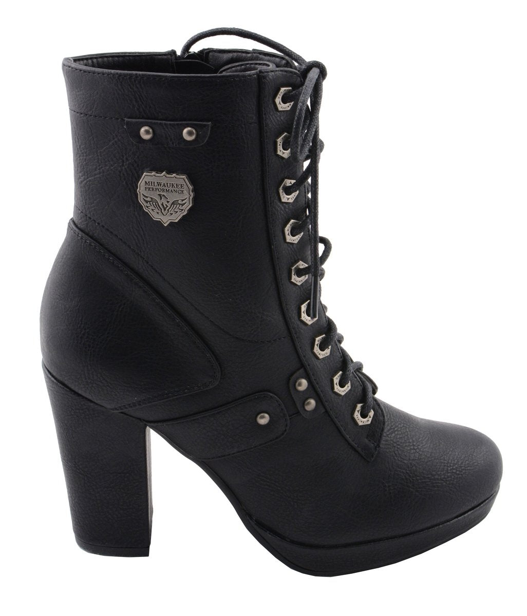 MBL9418 Women's Black Lace-Up Fashion Boots with Studded Accents and Platform Heel