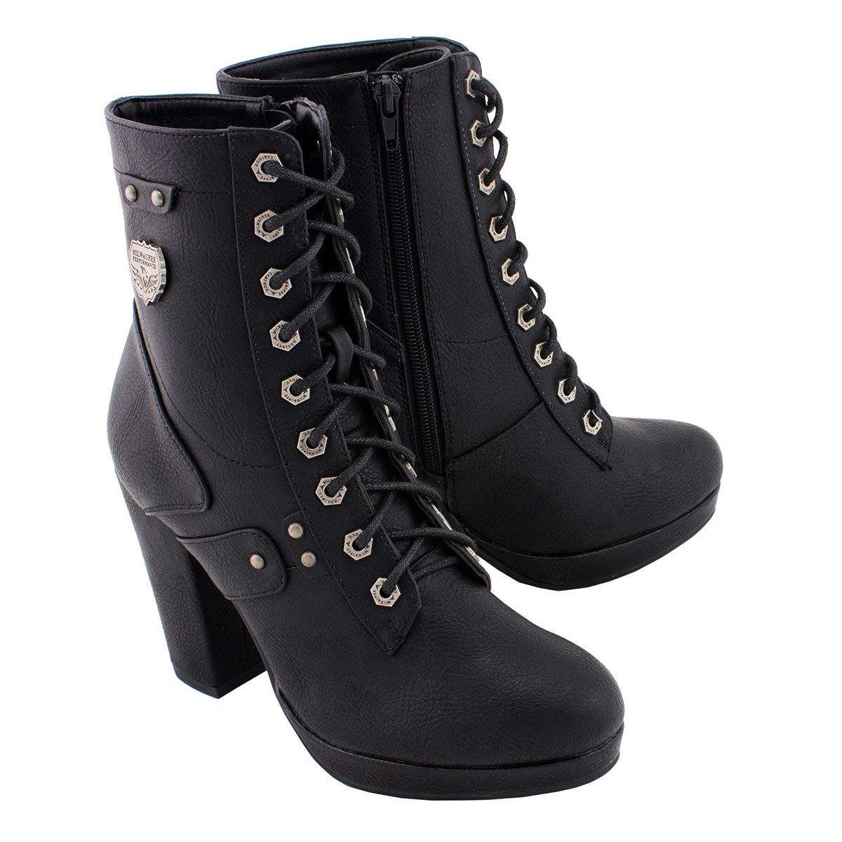 MBL9418 Women's Black Lace-Up Fashion Boots with Studded Accents and Platform Heel