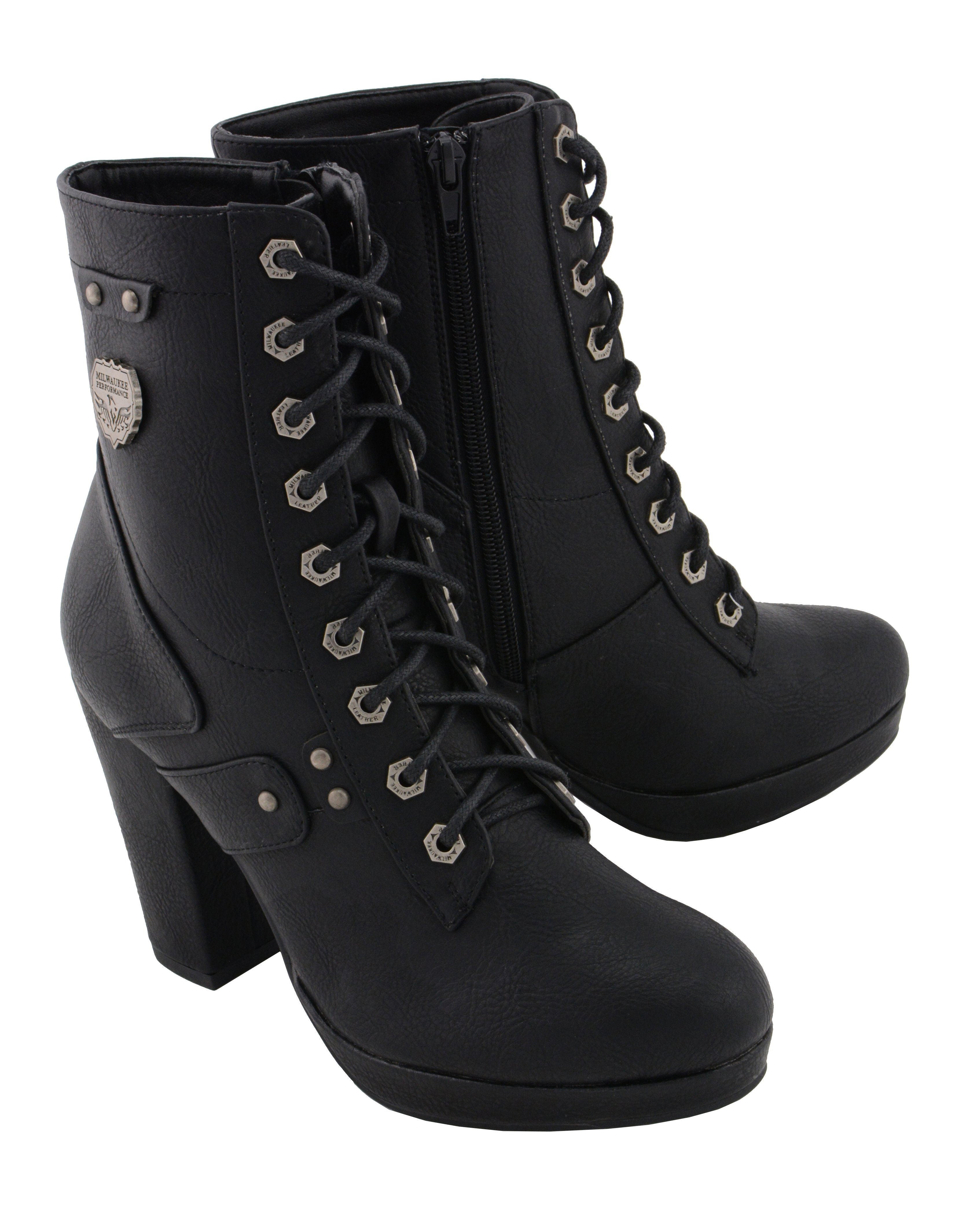 MBL9418 Women's Black Lace-Up Fashion Boots with Studded Accents and Platform Heel