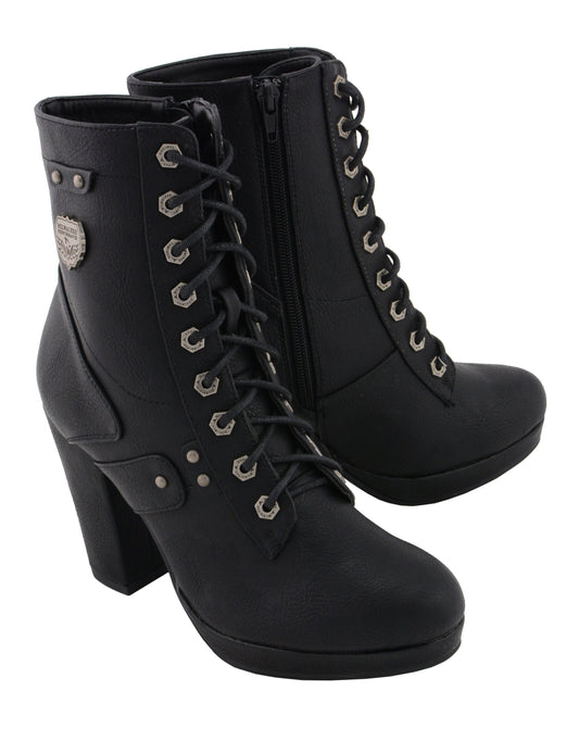 MBL9418 Women's Black Lace-Up Fashion Boots with Studded Accents and Platform Heel