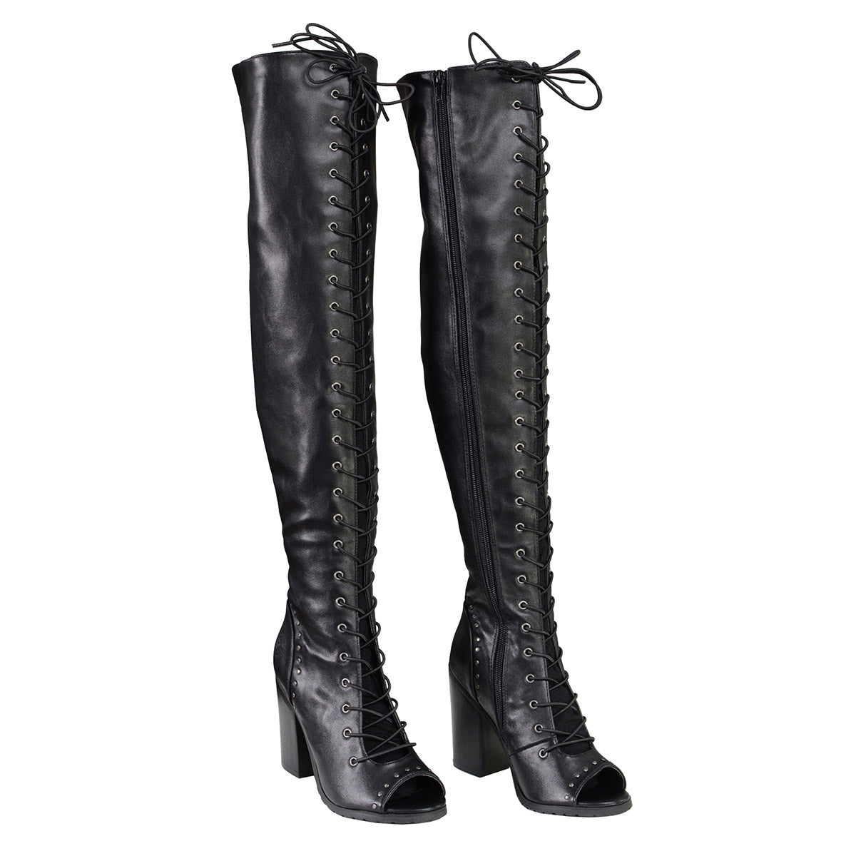 MBL9421 Women's Black Lace-Up Knee-High Fashion Casual Boots with Open Toe