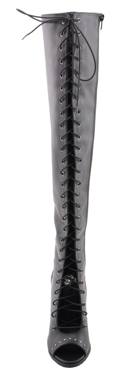MBL9421 Women's Black Lace-Up Knee-High Fashion Casual Boots with Open Toe