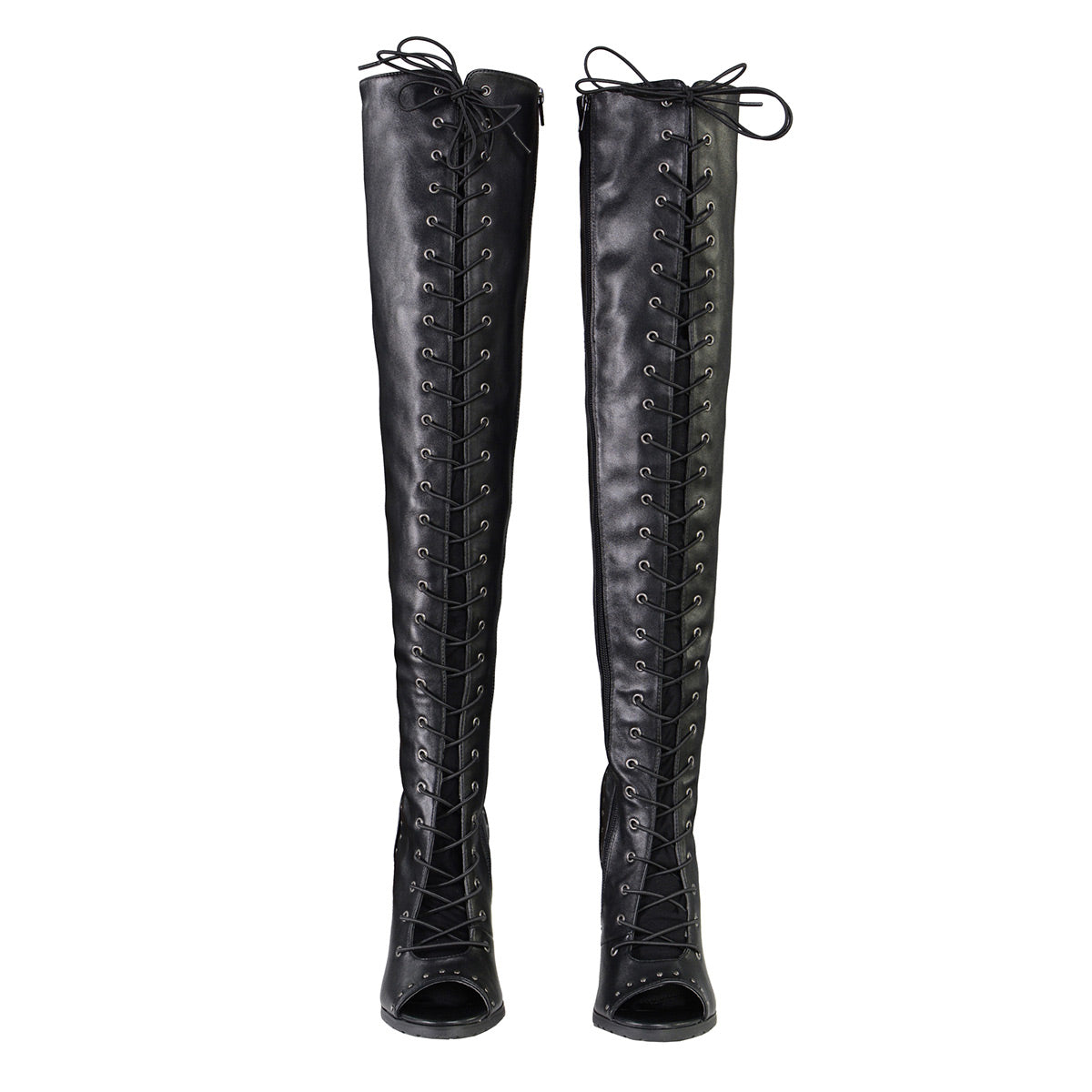 MBL9421 Women's Black Lace-Up Knee-High Fashion Casual Boots with Open Toe
