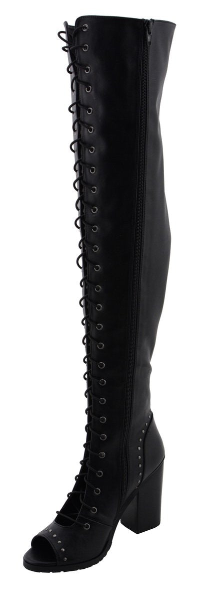 MBL9421 Women's Black Lace-Up Knee-High Fashion Casual Boots with Open Toe