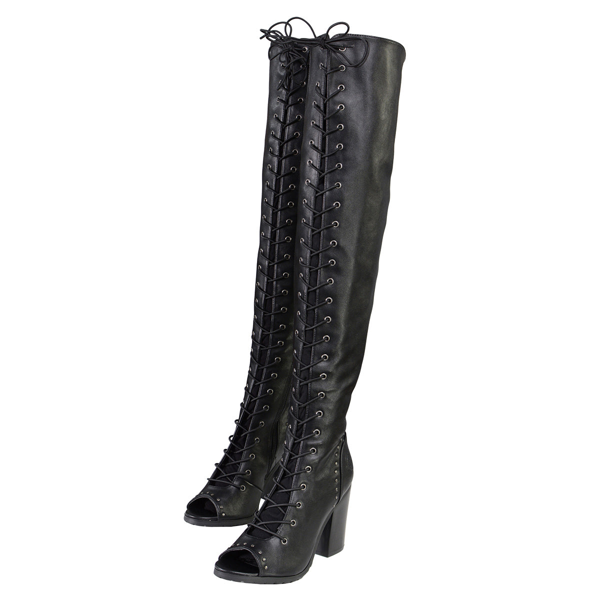 MBL9421 Women's Black Lace-Up Knee-High Fashion Casual Boots with Open Toe