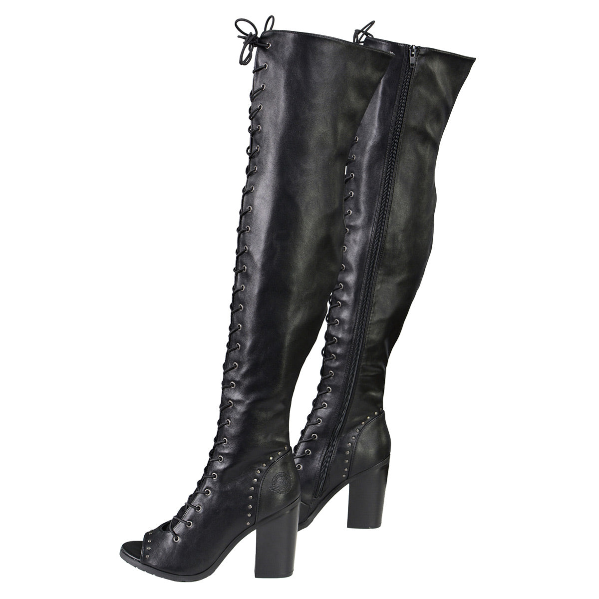 MBL9421 Women's Black Lace-Up Knee-High Fashion Casual Boots with Open Toe