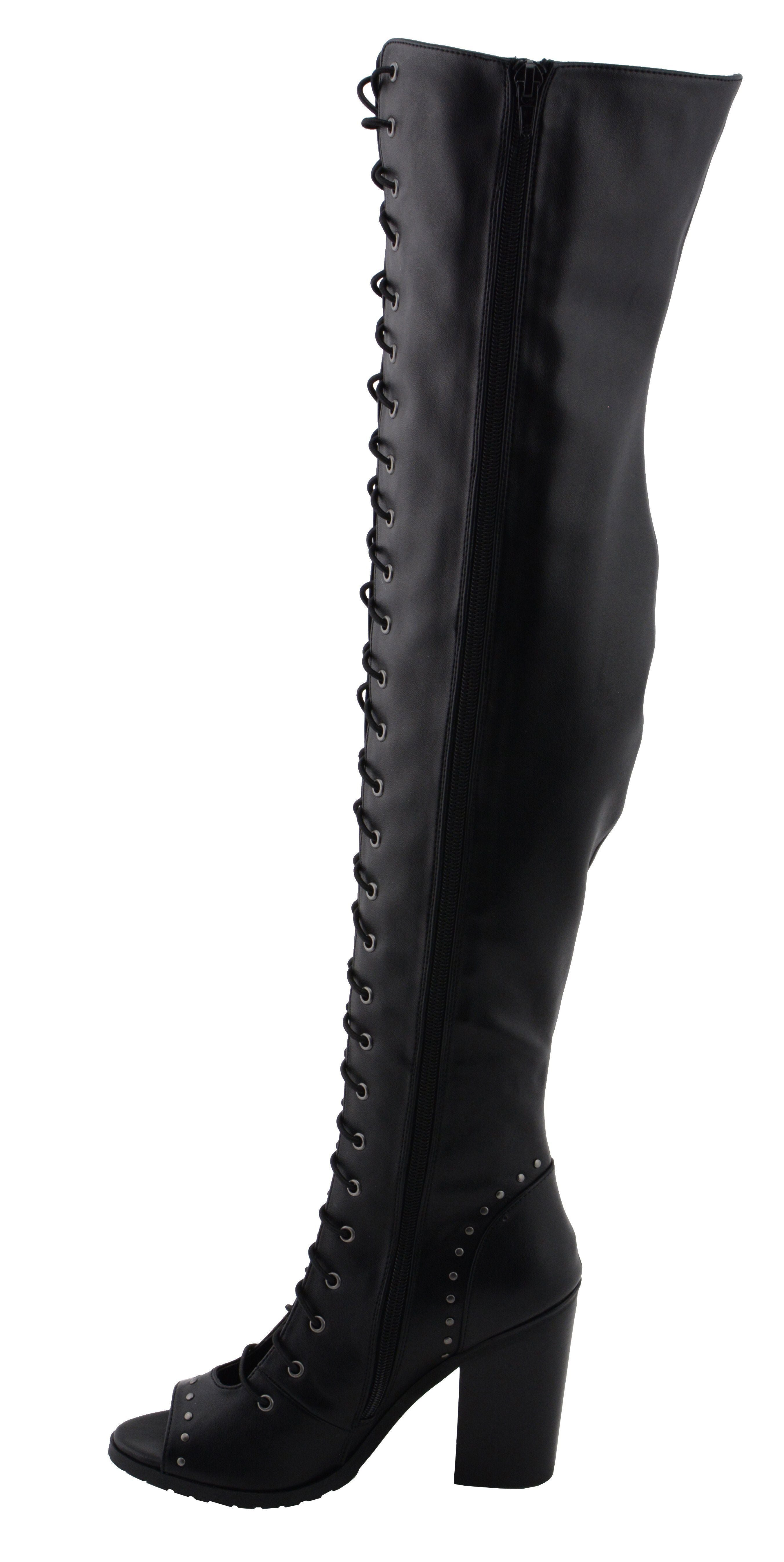 MBL9421 Women's Black Lace-Up Knee-High Fashion Casual Boots with Open Toe