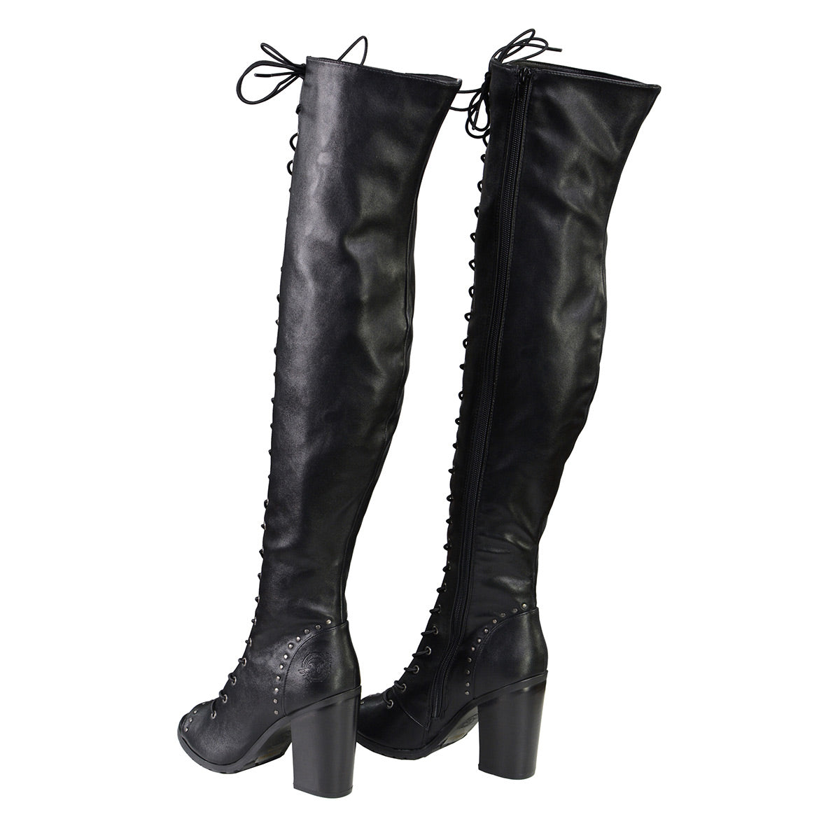 MBL9421 Women's Black Lace-Up Knee-High Fashion Casual Boots with Open Toe