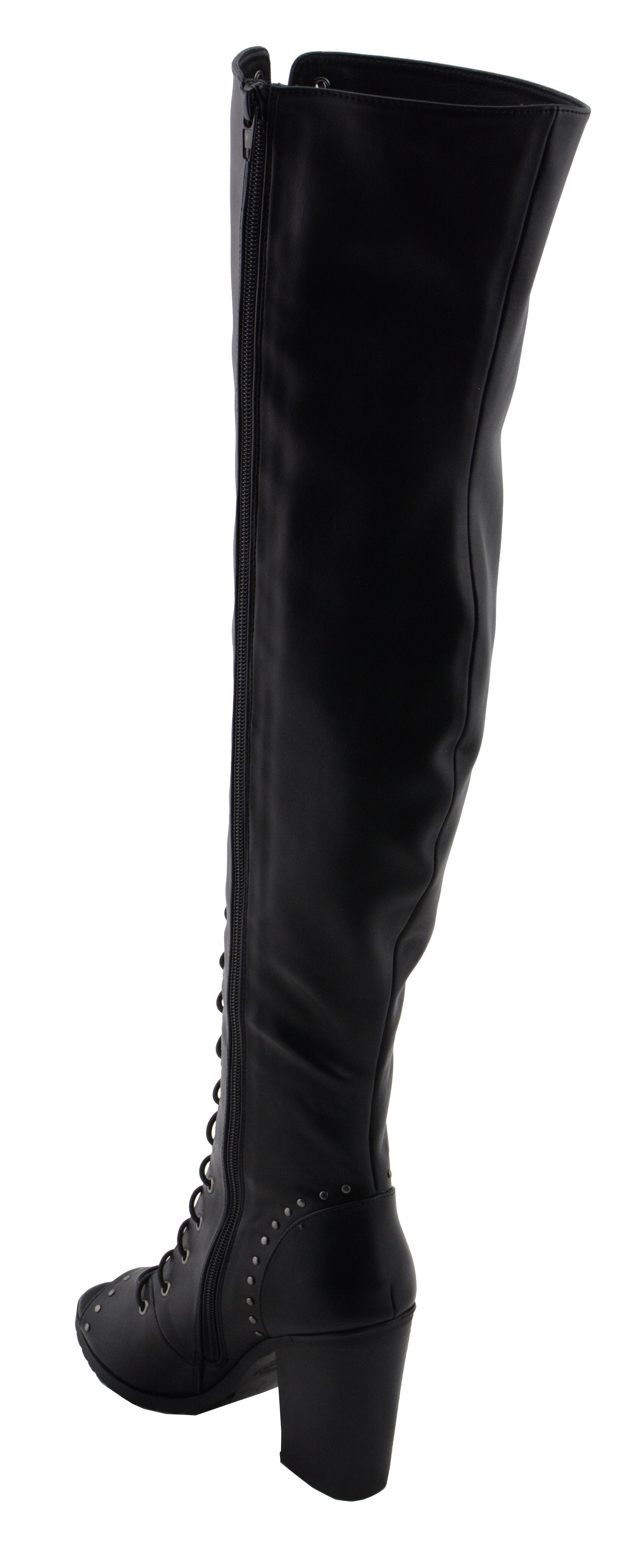 MBL9421 Women's Black Lace-Up Knee-High Fashion Casual Boots with Open Toe