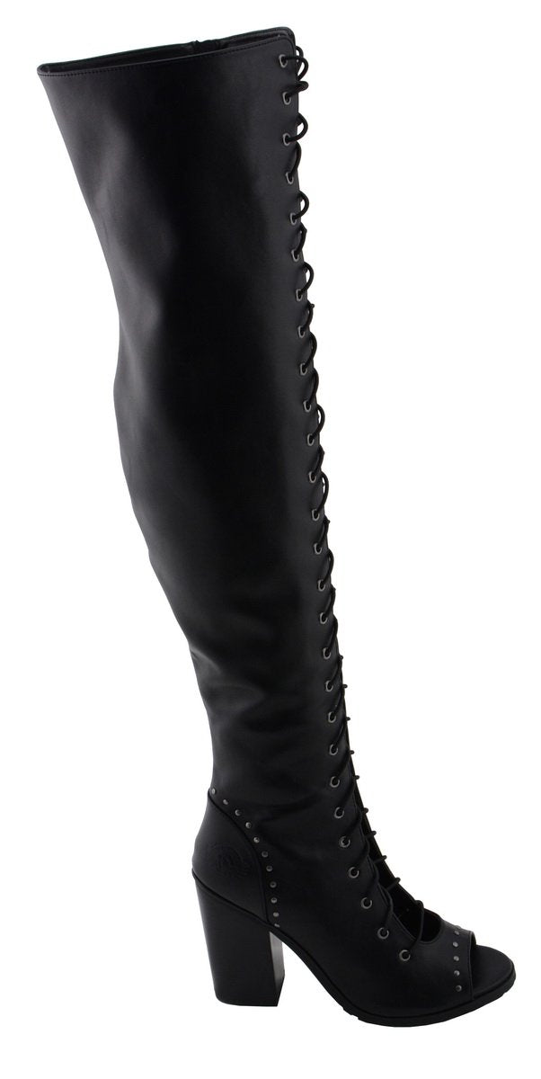 MBL9421 Women's Black Lace-Up Knee-High Fashion Casual Boots with Open Toe