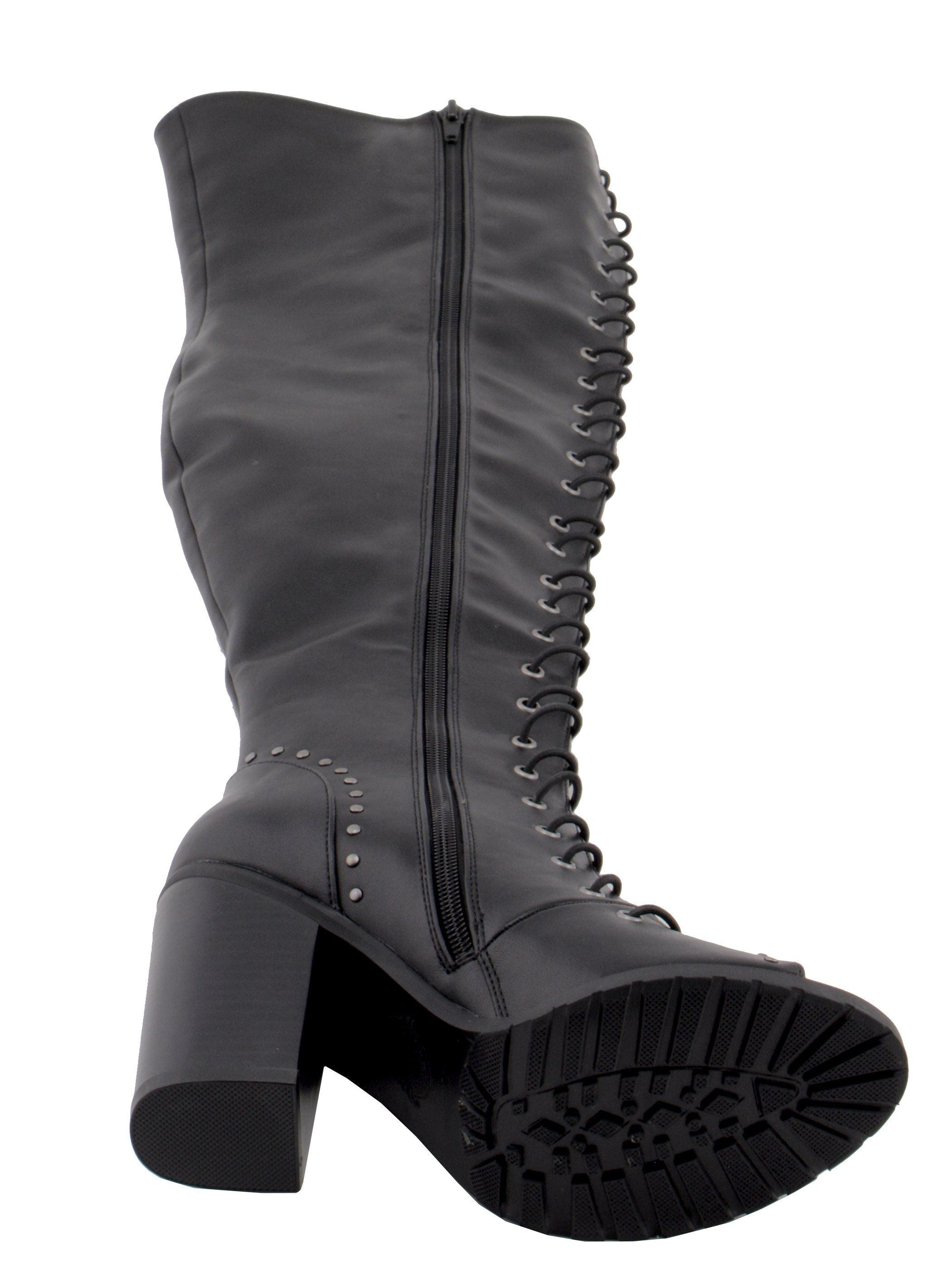 MBL9421 Women's Black Lace-Up Knee-High Fashion Casual Boots with Open Toe