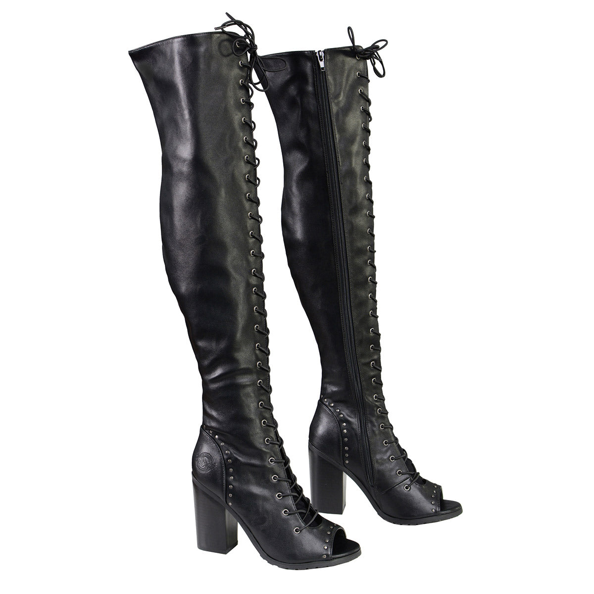 MBL9421 Women's Black Lace-Up Knee-High Fashion Casual Boots with Open Toe