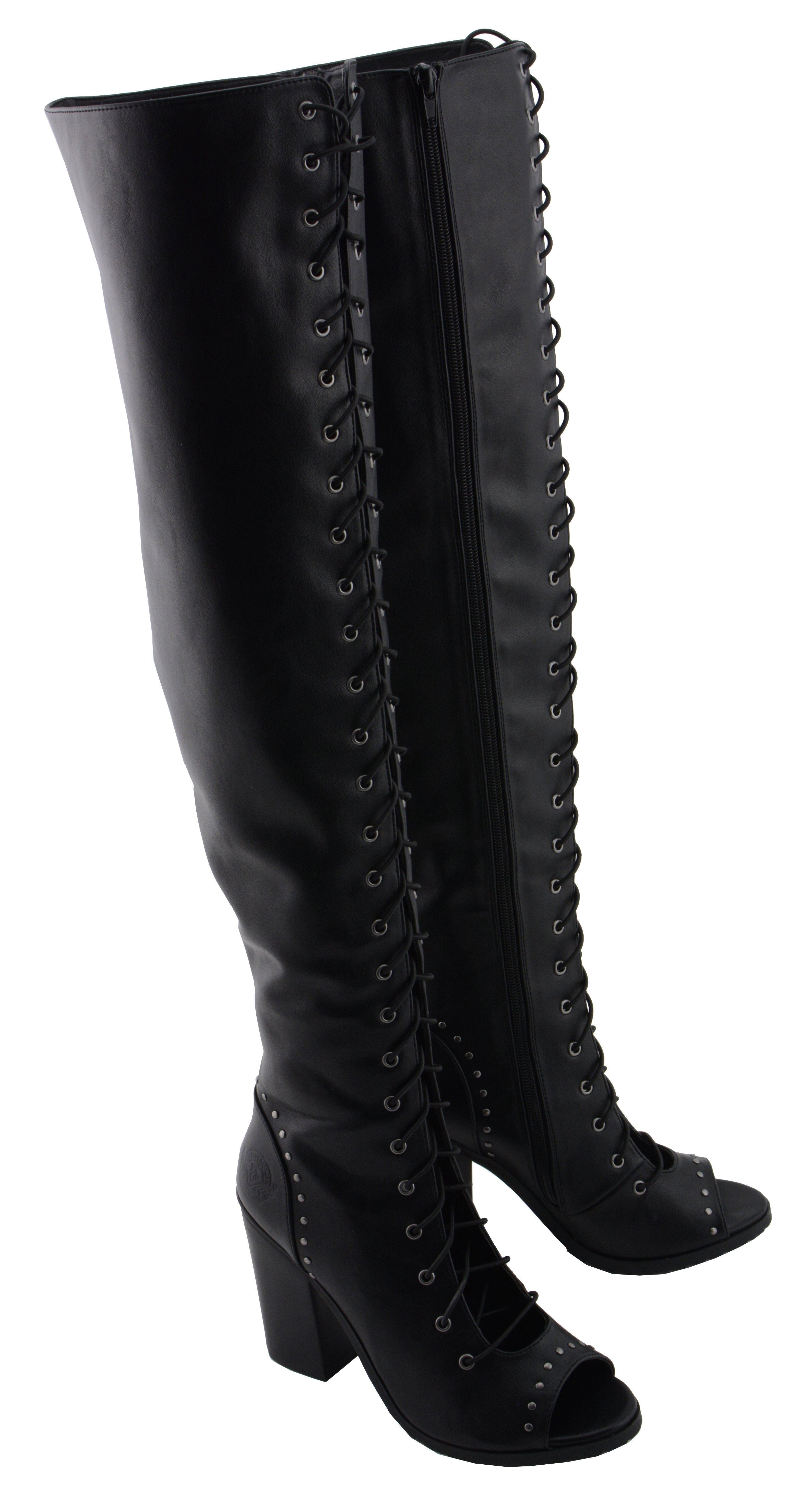 MBL9421 Women's Black Lace-Up Knee-High Fashion Casual Boots with Open Toe