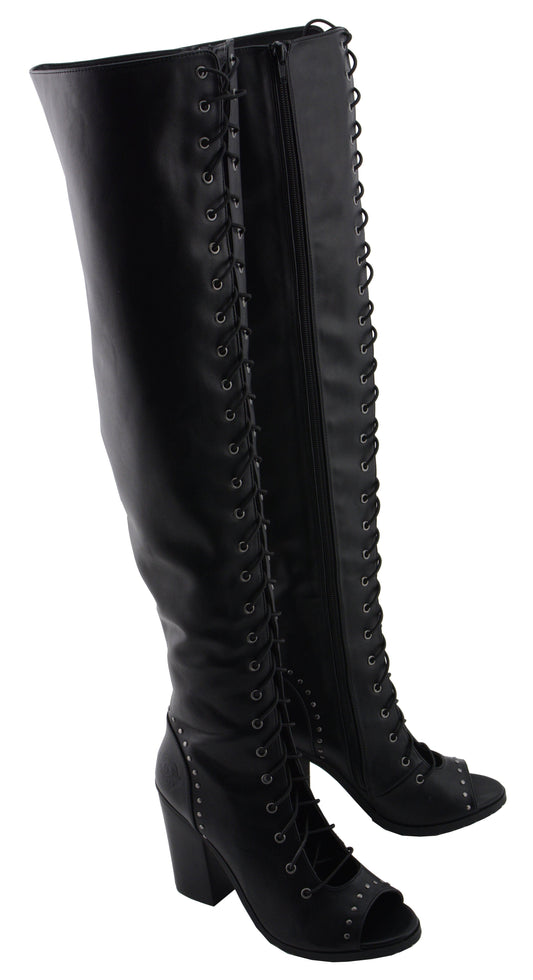 MBL9421 Women's Black Lace-Up Knee-High Fashion Casual Boots with Open Toe