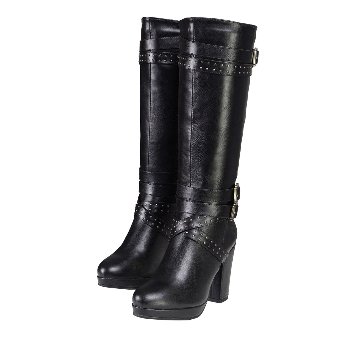 MBL9422 Women's Tall Black Studded Strap Fashion Casual Boots with Platform Heel