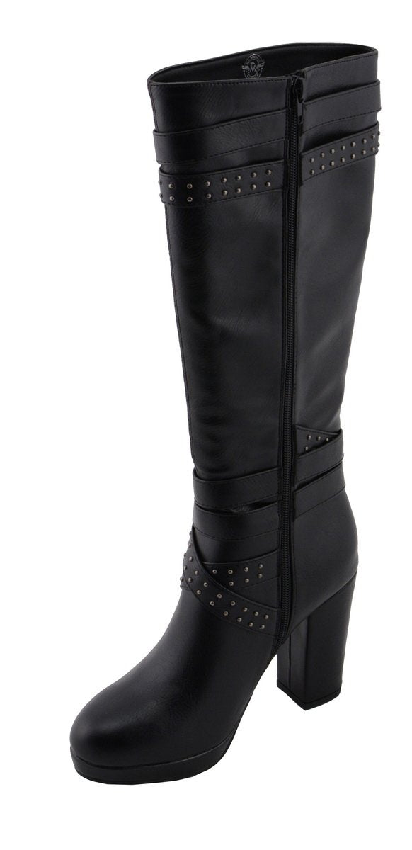 MBL9422 Women's Tall Black Studded Strap Fashion Casual Boots with Platform Heel