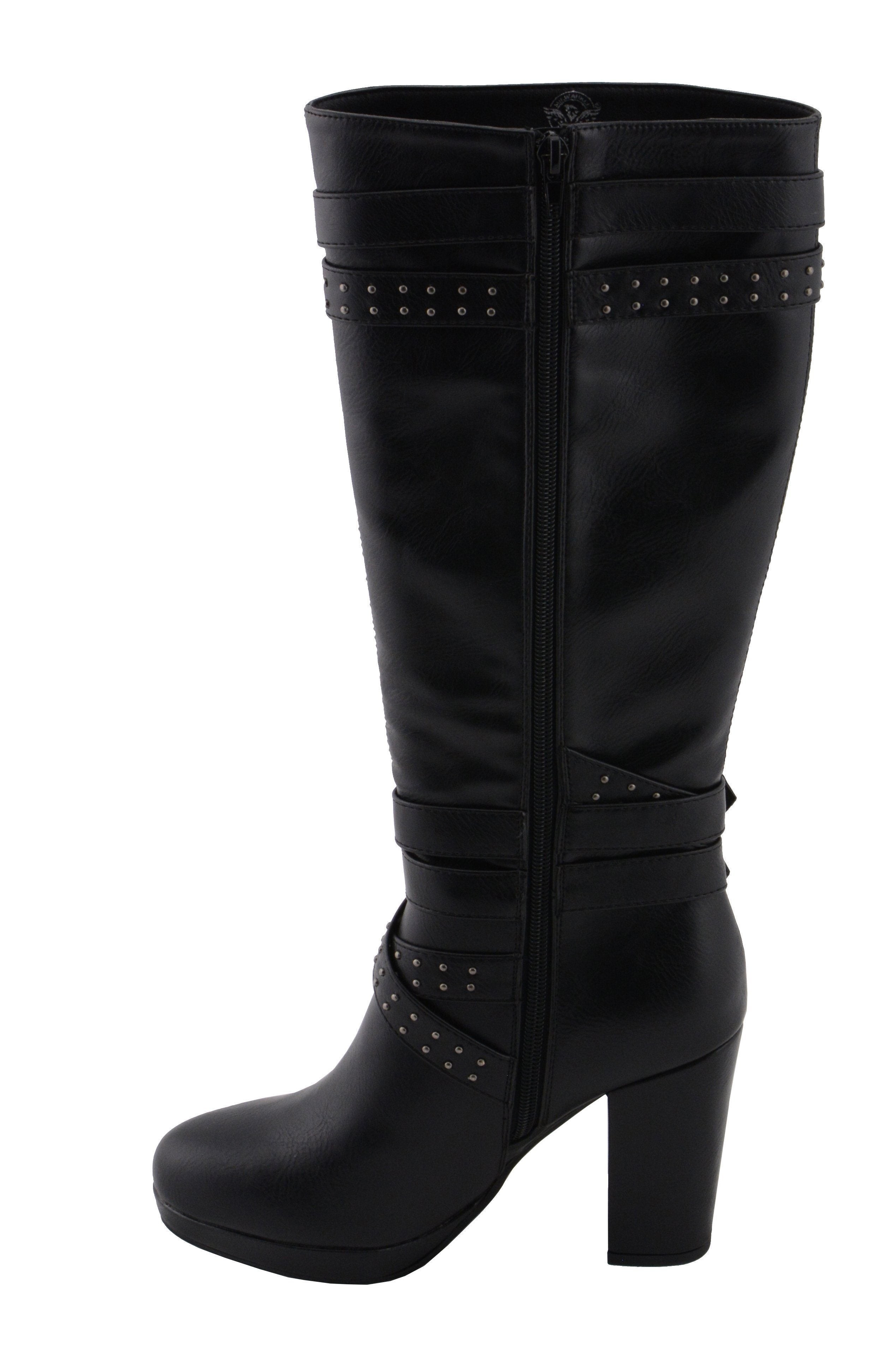 MBL9422 Women's Tall Black Studded Strap Fashion Casual Boots with Platform Heel