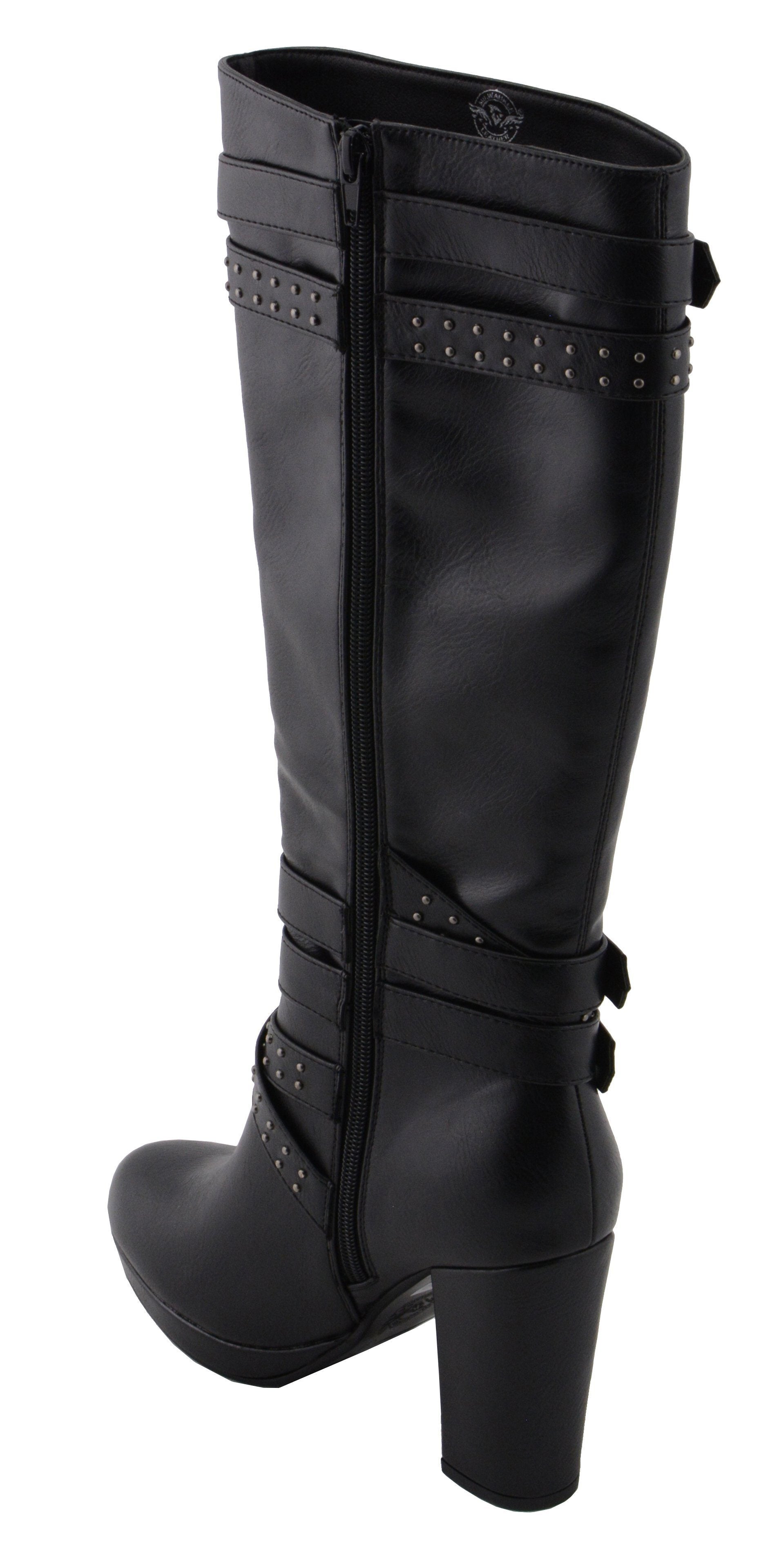 MBL9422 Women's Tall Black Studded Strap Fashion Casual Boots with Platform Heel