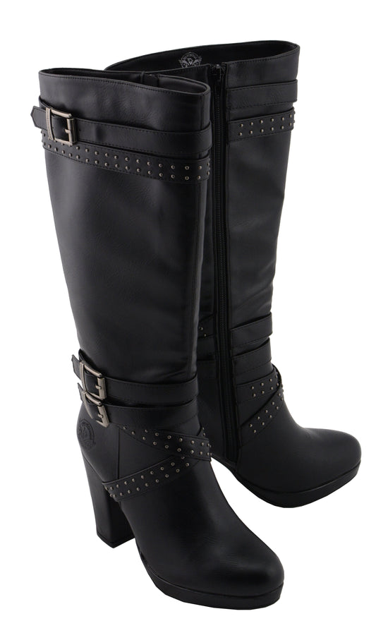 MBL9422 Women's Tall Black Studded Strap Fashion Casual Boots with Platform Heel