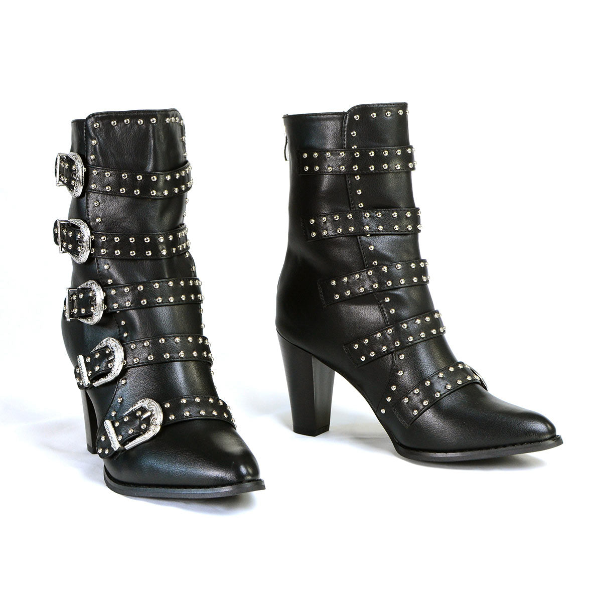 MBL9428 Women's Black Buckle Up Fashion Boots with Studded Bling