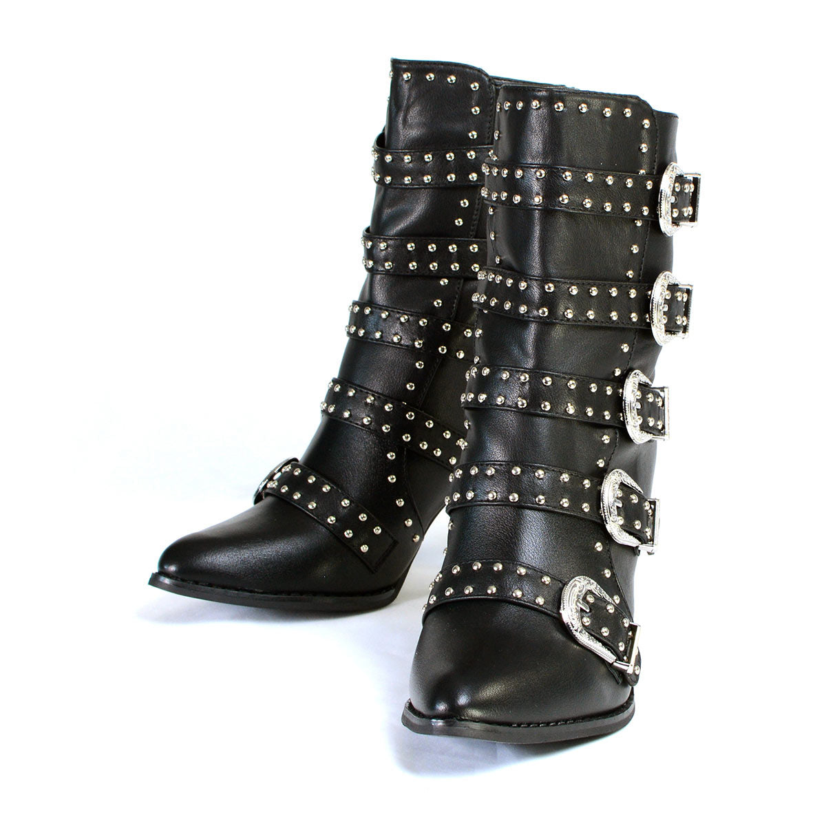 MBL9428 Women's Black Buckle Up Fashion Boots with Studded Bling