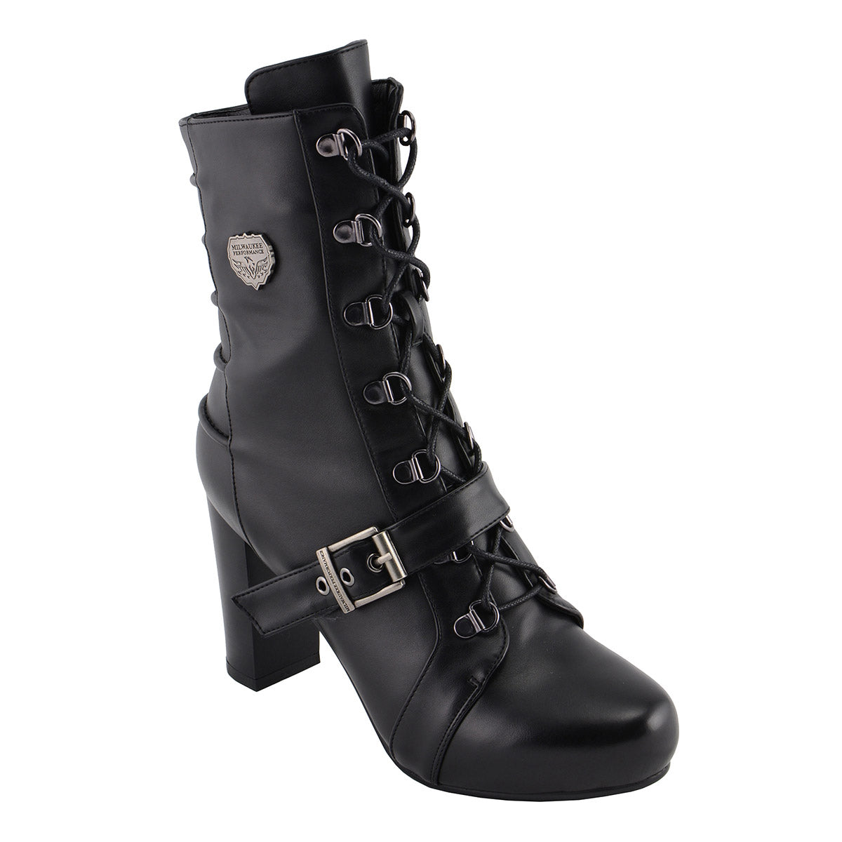 MBL9431 Women's Black Lace-Up Fashion Boots with Block Heel and Buckle Strap