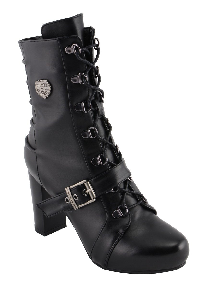 MBL9431 Women's Black Lace-Up Fashion Boots with Block Heel and Buckle Strap