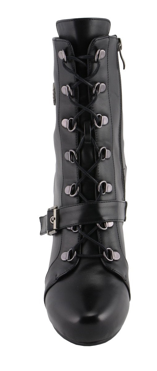 MBL9431 Women's Black Lace-Up Fashion Boots with Block Heel and Buckle Strap