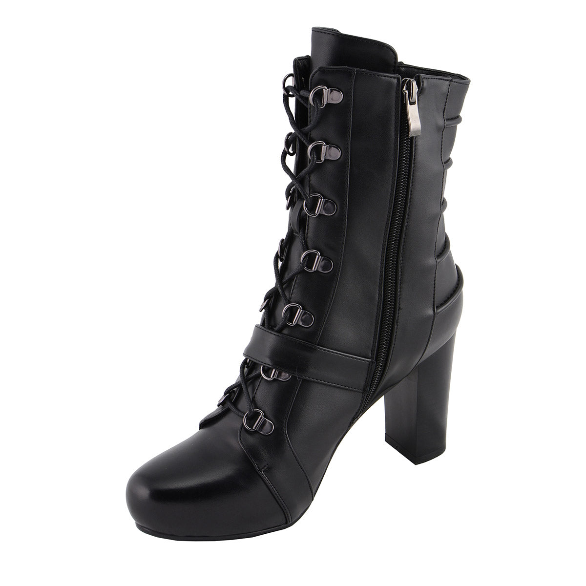 MBL9431 Women's Black Lace-Up Fashion Boots with Block Heel and Buckle Strap