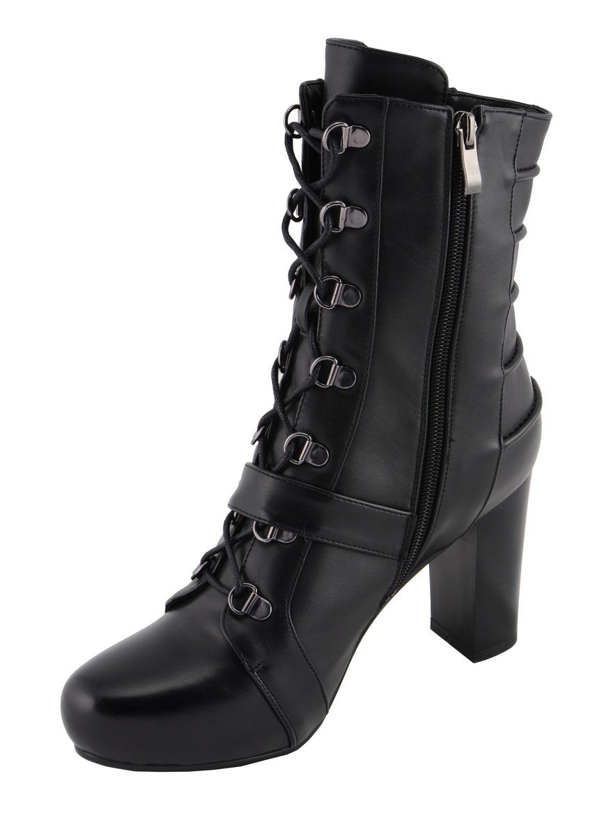 MBL9431 Women's Black Lace-Up Fashion Boots with Block Heel and Buckle Strap