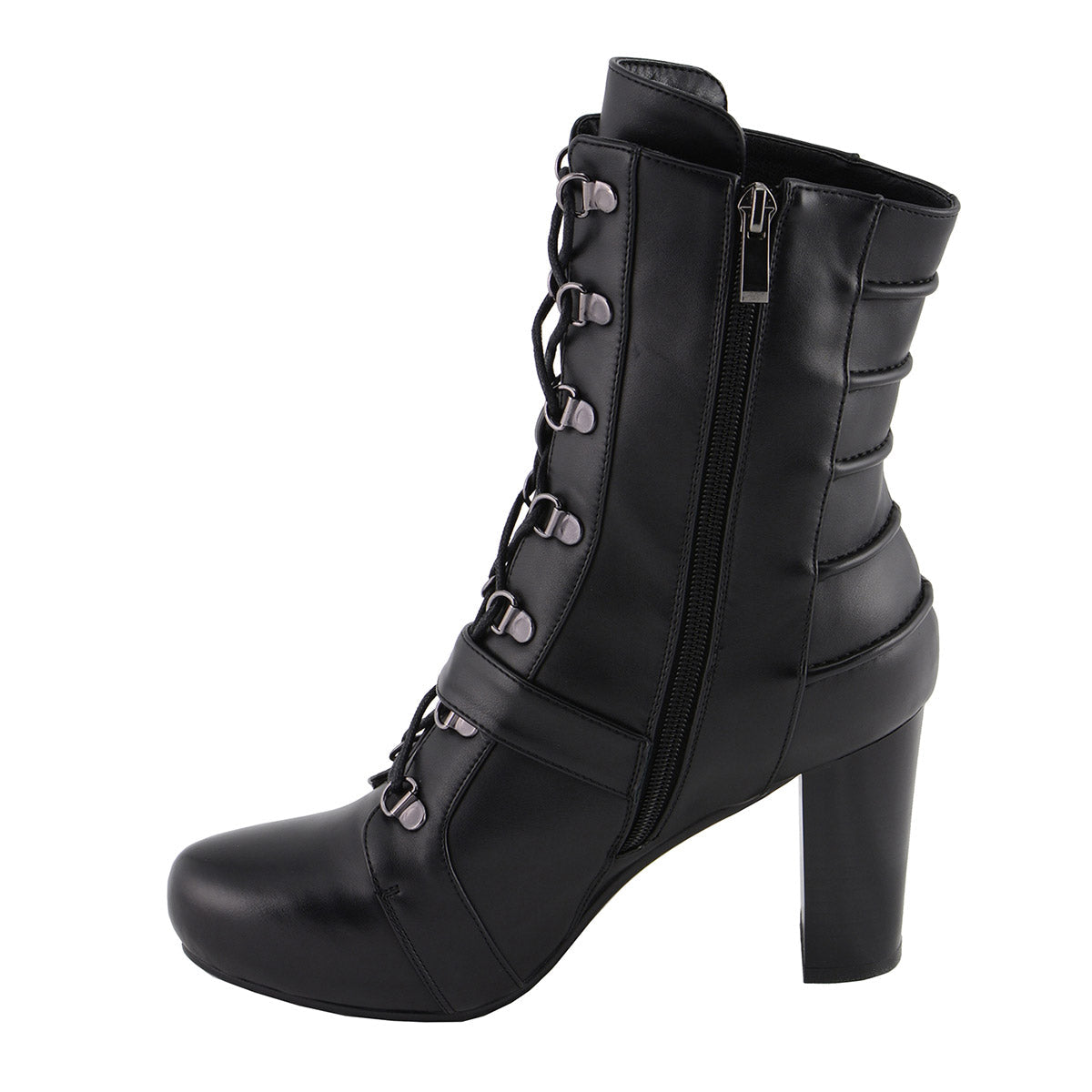 MBL9431 Women's Black Lace-Up Fashion Boots with Block Heel and Buckle Strap