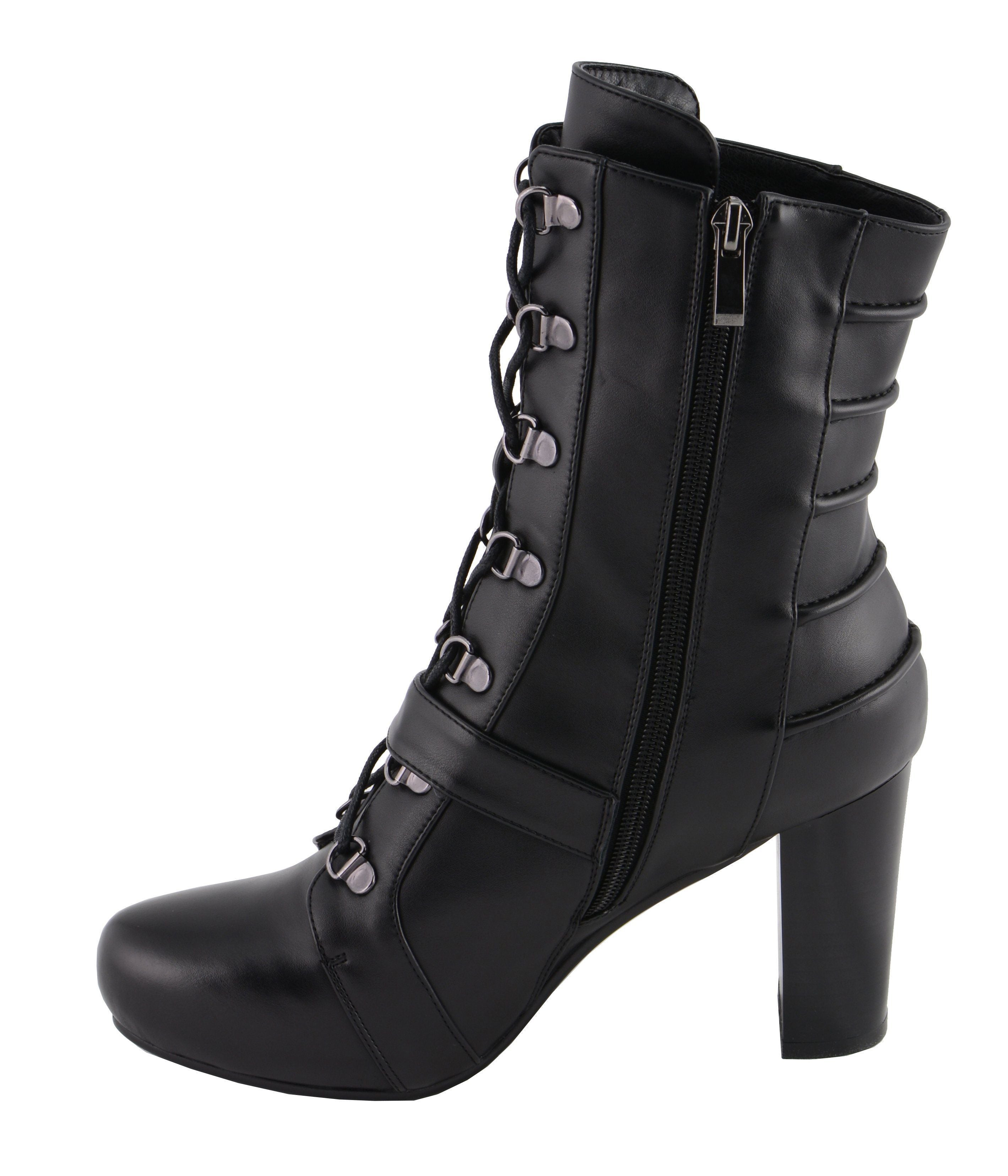 MBL9431 Women's Black Lace-Up Fashion Boots with Block Heel and Buckle Strap