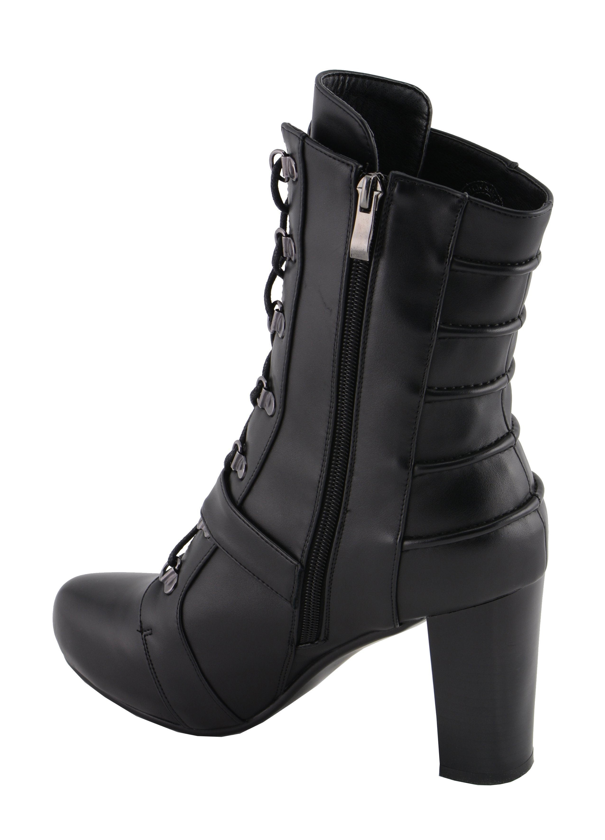 MBL9431 Women's Black Lace-Up Fashion Boots with Block Heel and Buckle Strap