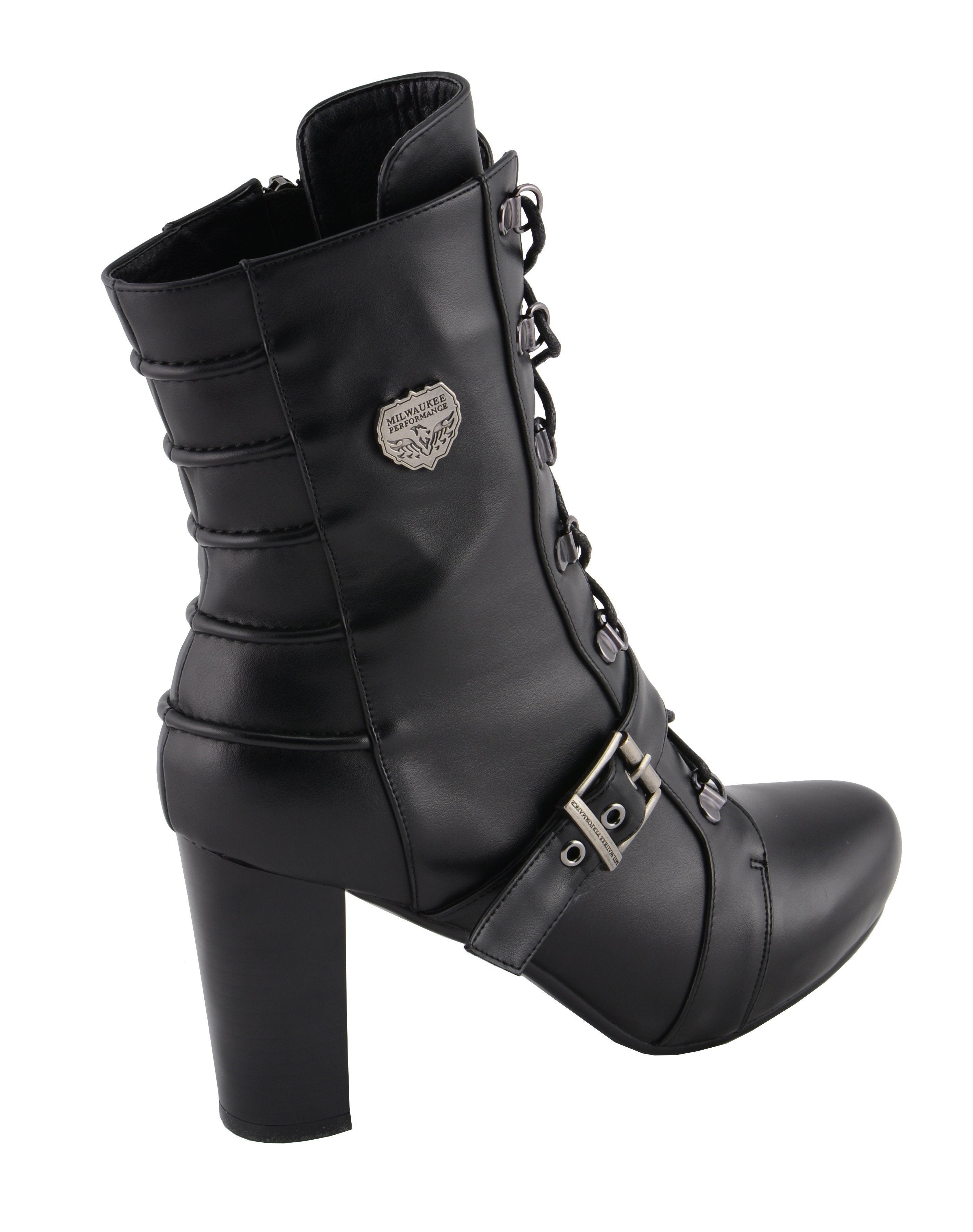 MBL9431 Women's Black Lace-Up Fashion Boots with Block Heel and Buckle Strap