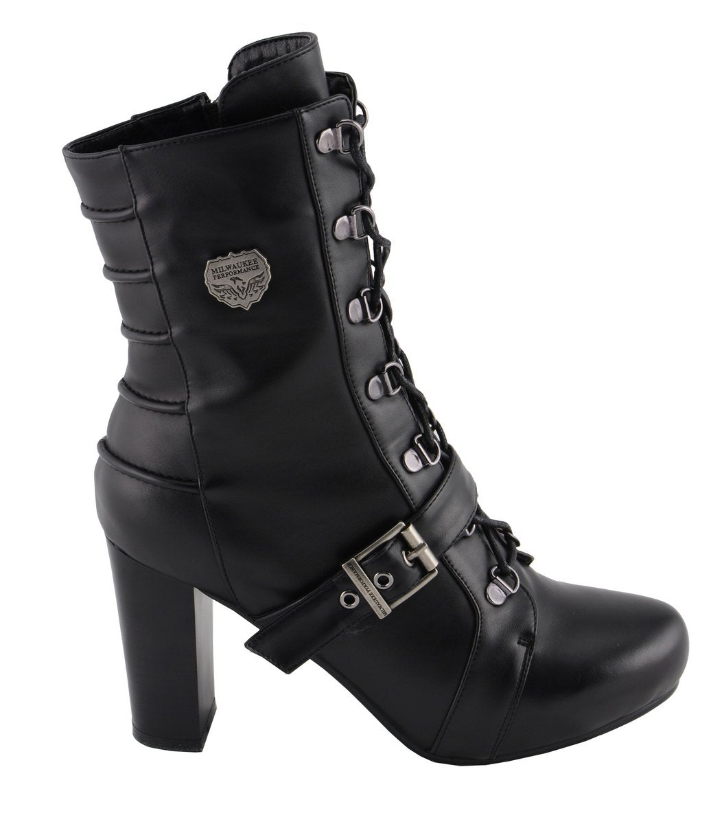 MBL9431 Women's Black Lace-Up Fashion Boots with Block Heel and Buckle Strap