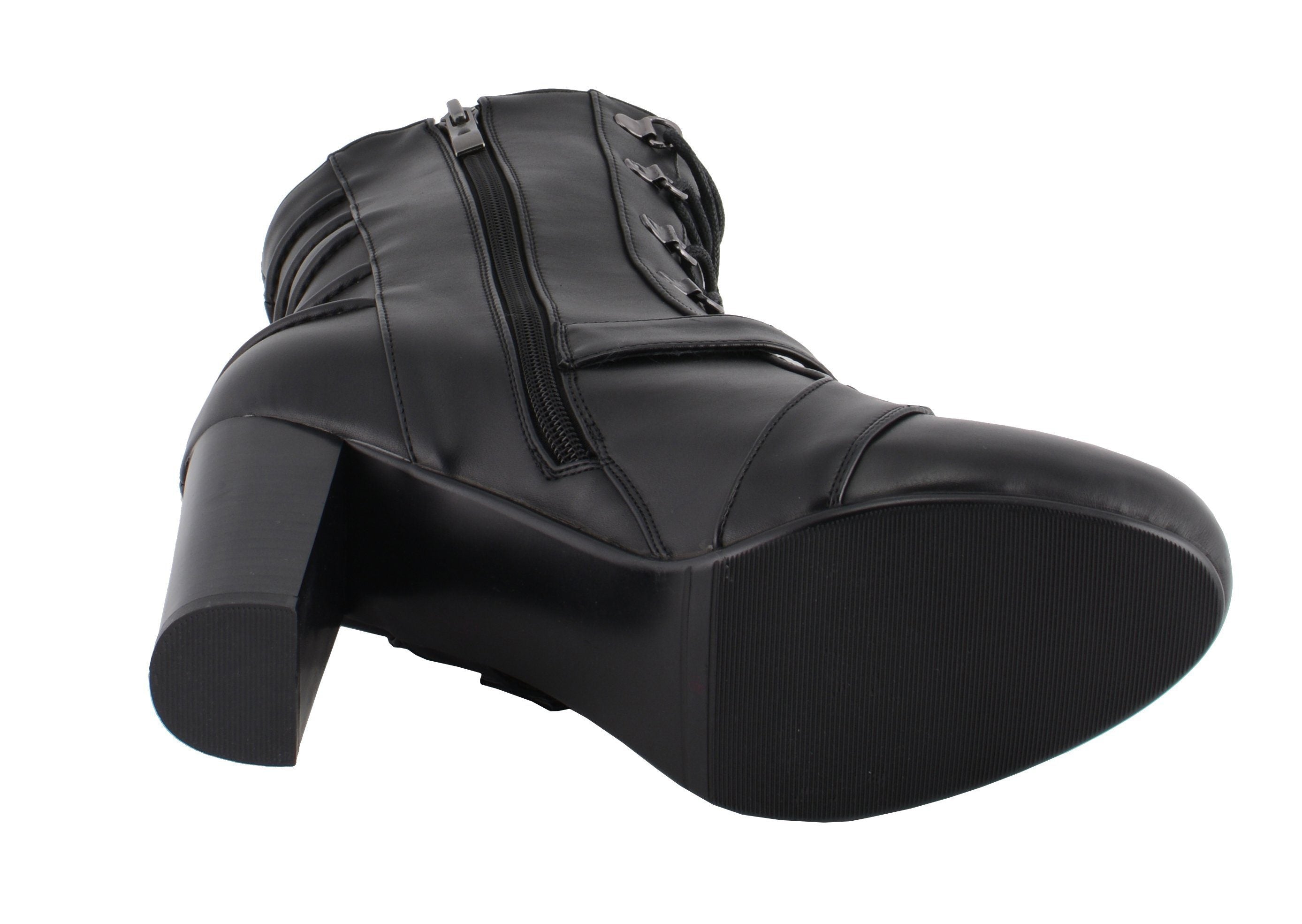 MBL9431 Women's Black Lace-Up Fashion Boots with Block Heel and Buckle Strap