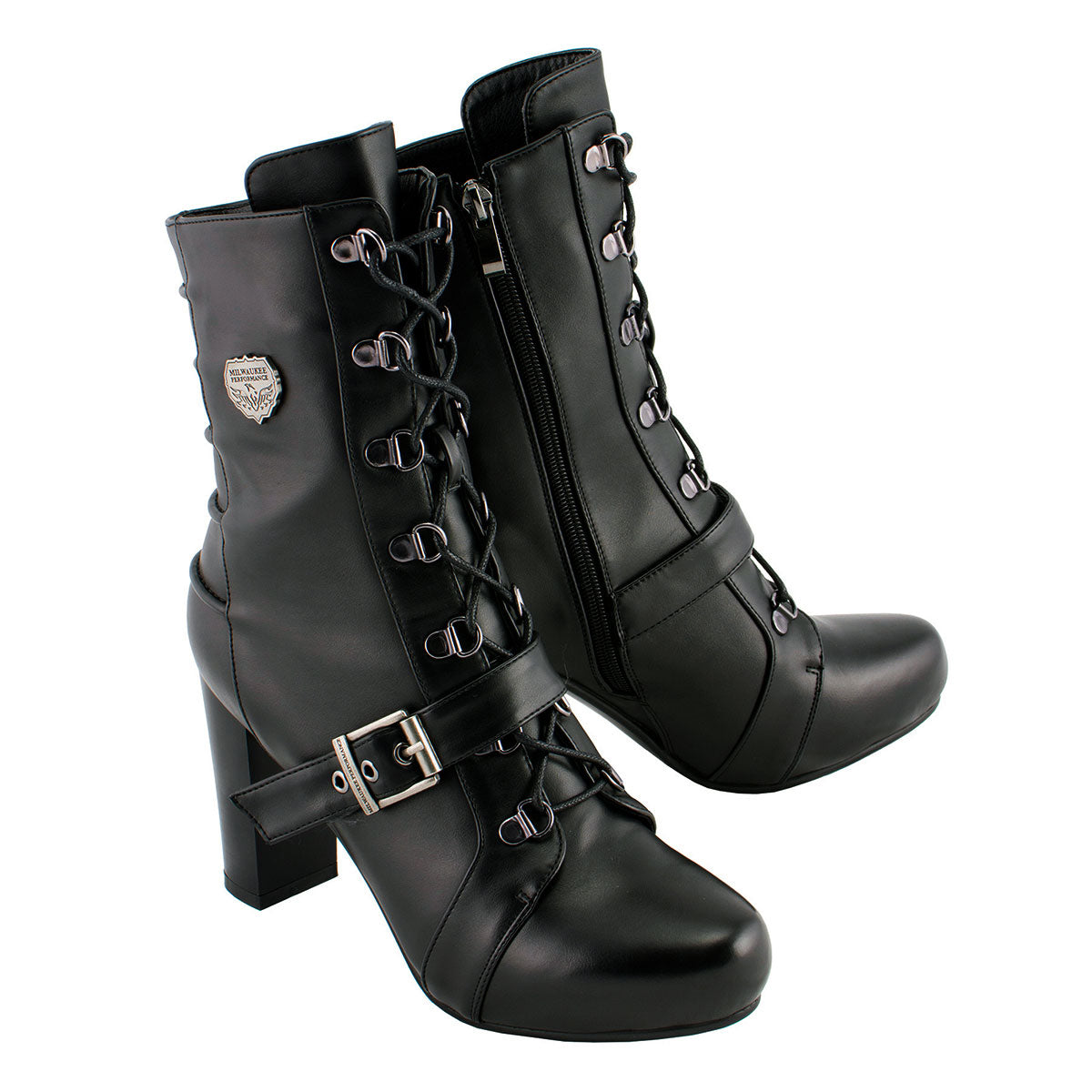 MBL9431 Women's Black Lace-Up Fashion Boots with Block Heel and Buckle Strap